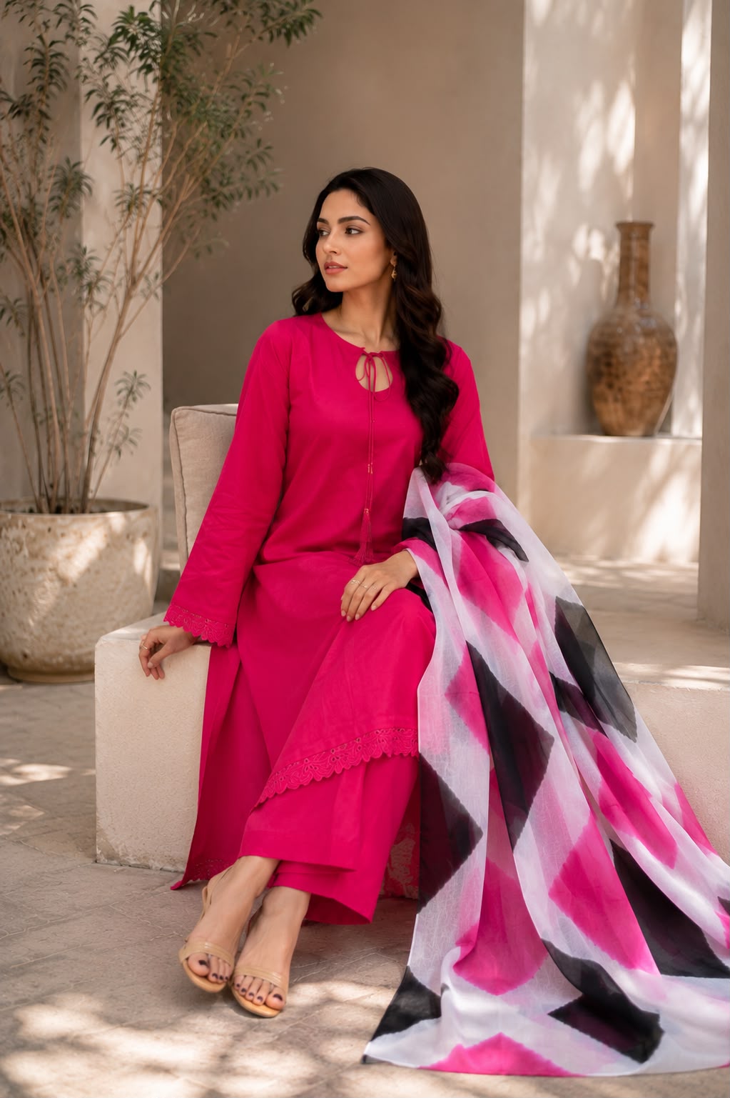 Rosé Radiance | Fuchsia Pink   Lawn Suit